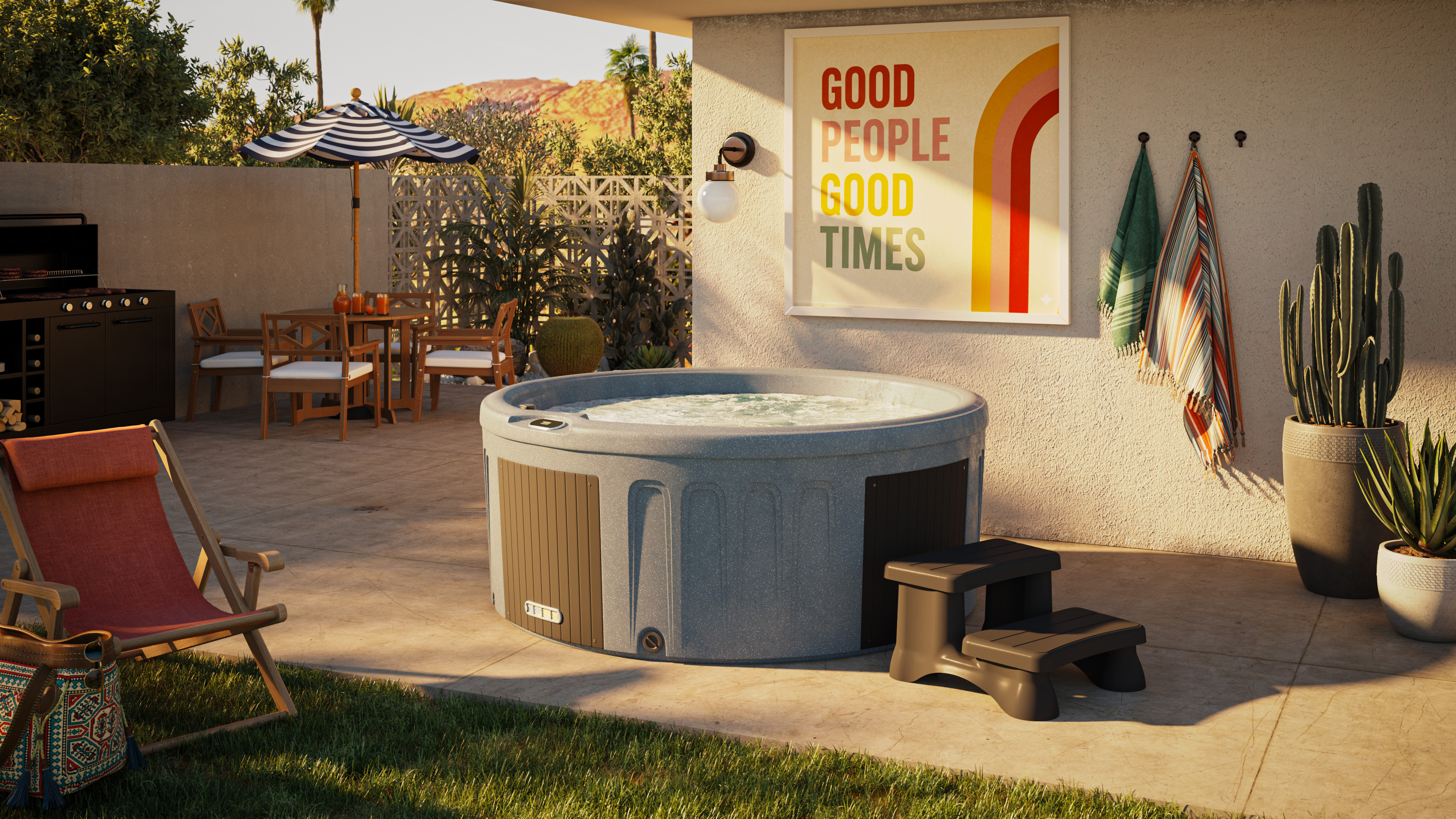 CR3 hot tub in a decorated setting